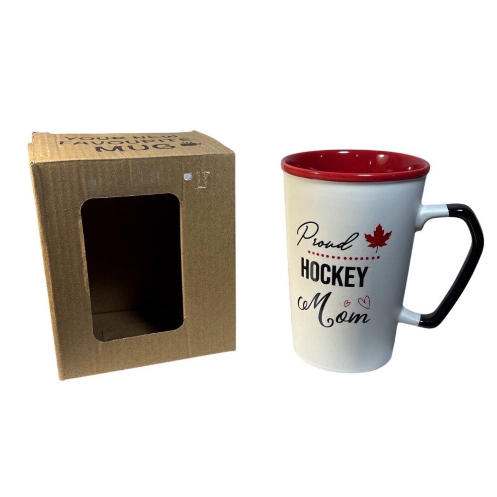 Proud Hockey Mom Ceramic Mug With Red Maple Leaf & Hearts Koppers